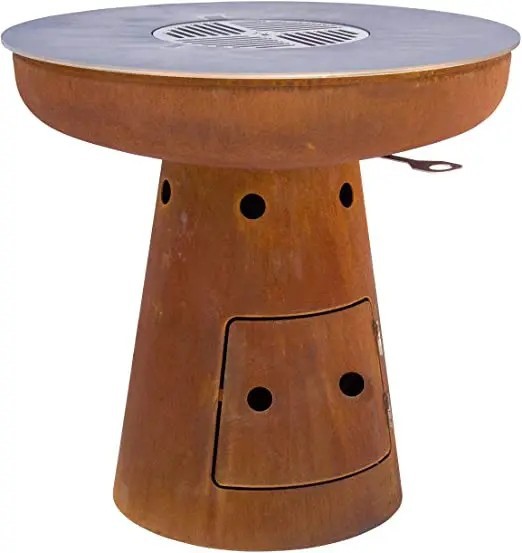 Corten Metal Fire Pit With Grill Table BBQ